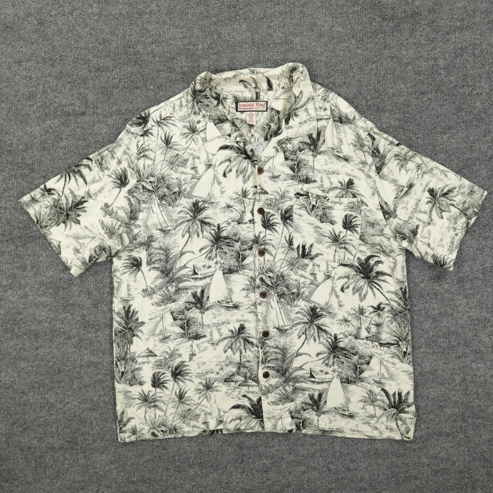 Jamaica Bay Shirt Mens XXL White Black Tropical Sailboat Print Rayon Hawaiian